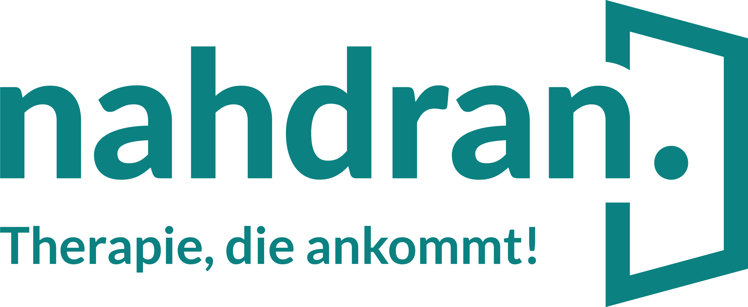 Logo mit dem Text »nahrdran«. Darunter steht der Slogan »Therapie, die ankommt!«, mit einer stilisierten abstrakten Form, die eine Schiene oder Rahmen darstellt.