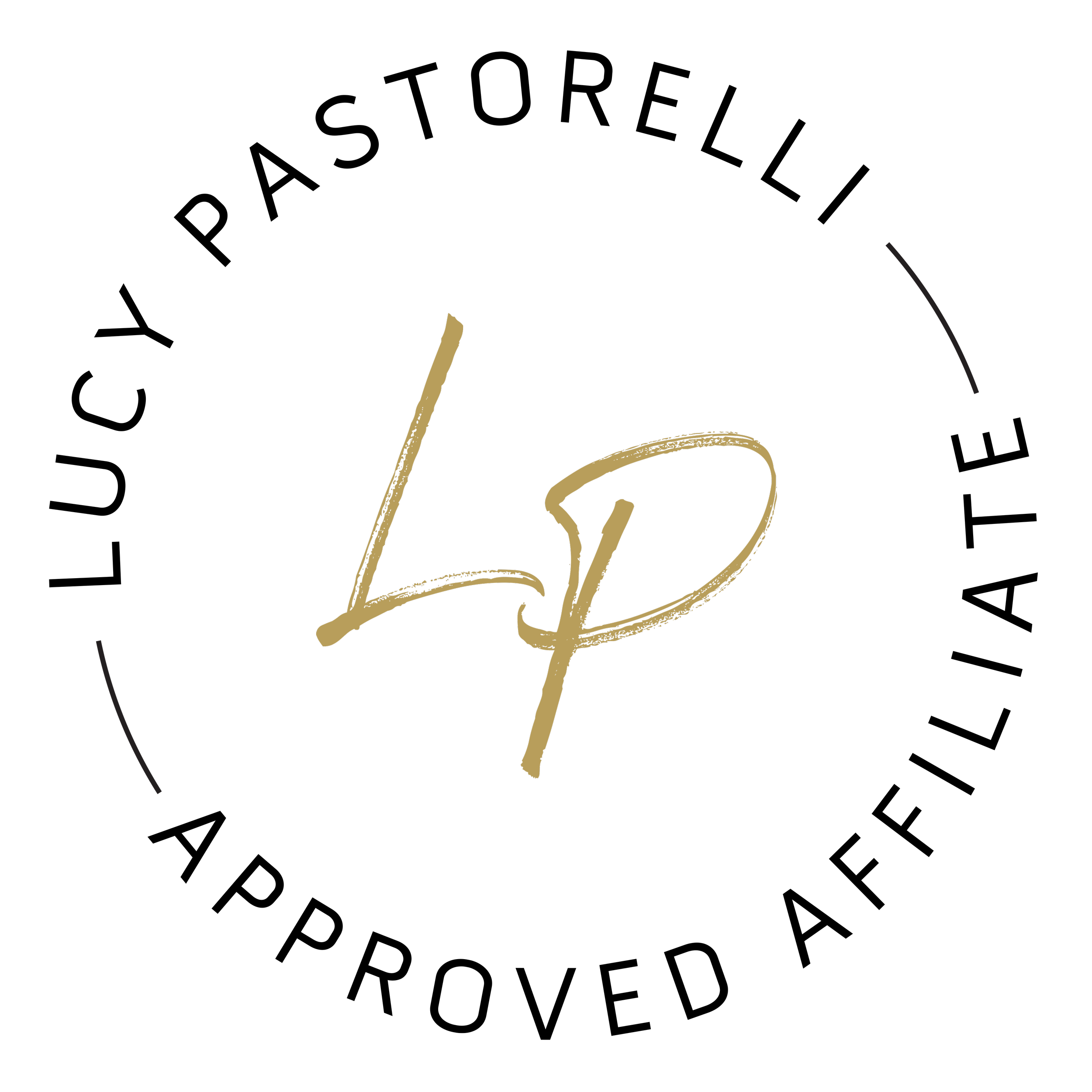 Black circular logo with gold text 'L P' in the center, surrounded by small decorative elements.