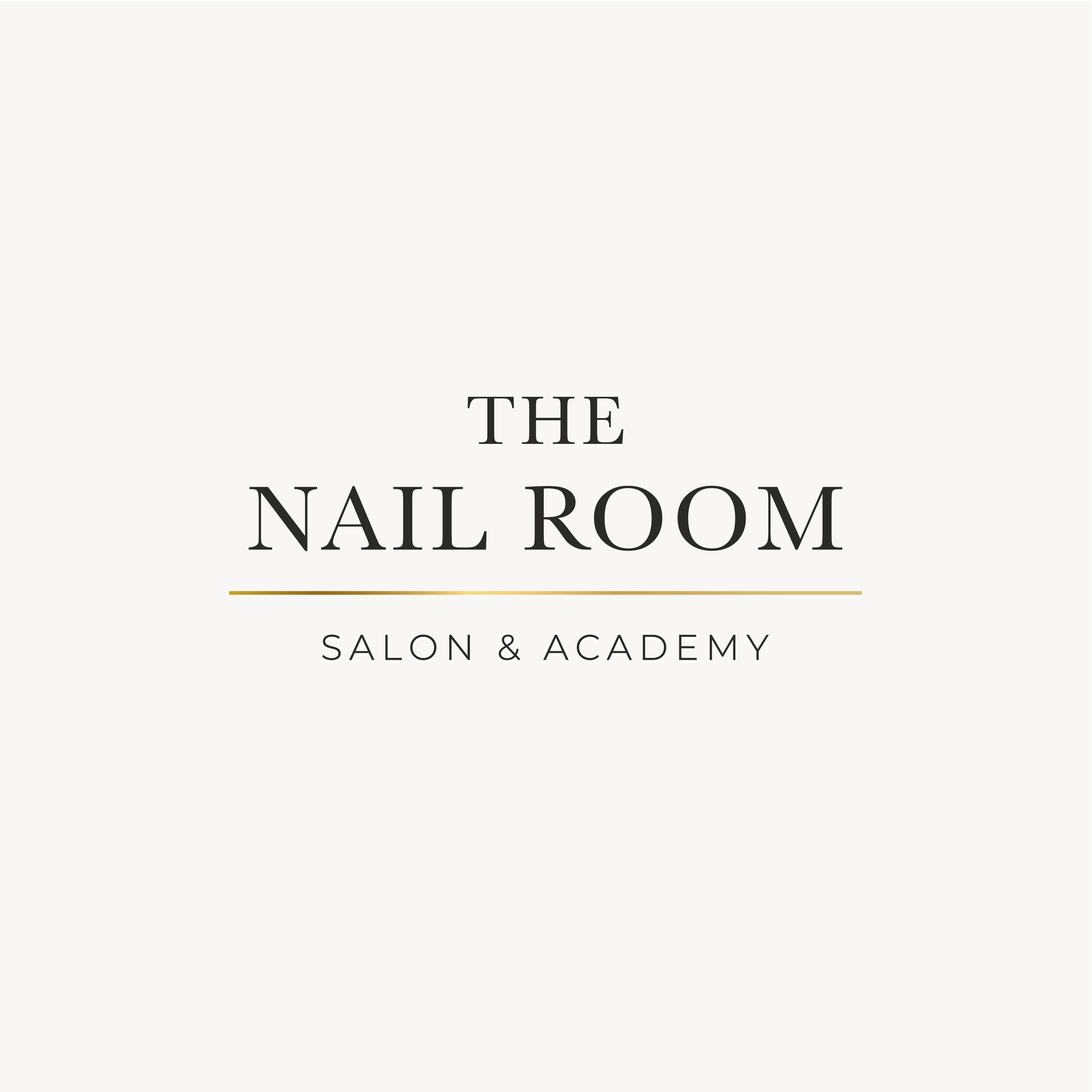 Logo for The Nail Room, a salon and academy, with elegant black text on a white background and a gold horizontal line underneath.