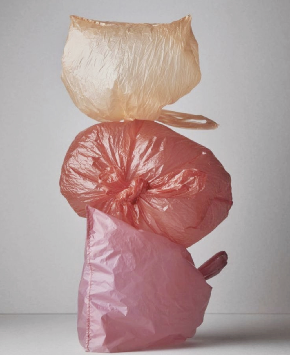Stacked crumpled plastic bags in peach, coral, and pink colors against a plain background.