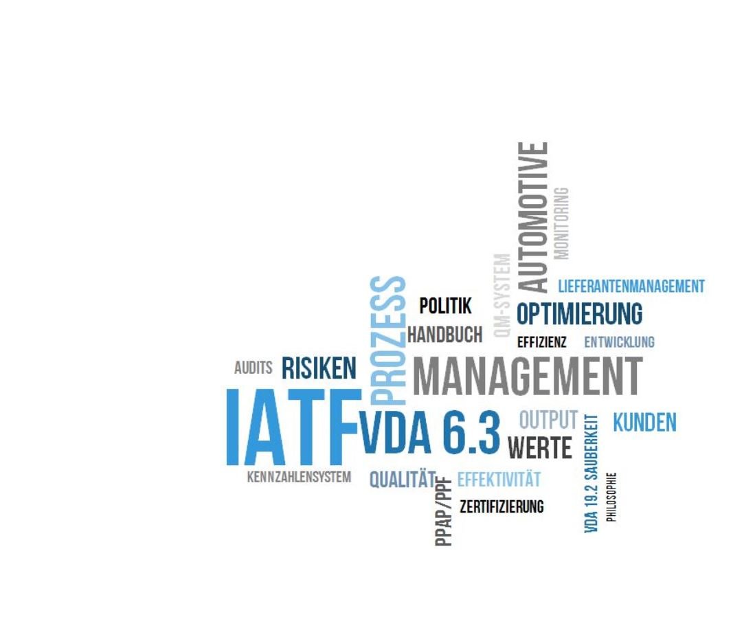 Wortwolke mit Begriffen im Zusammenhang mit Management, Qualität, Automatisierung und Prozessen, inklusive IATF 6.3, Risiko, Optimierung, Kunden, Effizienz, Standards und Zertifizierung.