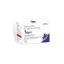 Box of Taspuzumab for injection 440 mg by Herti with purple and white packaging.