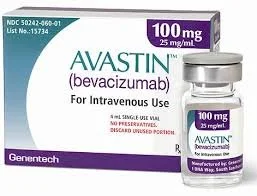 Box of Avastin (bevacizumab) 100 mg vial for intravenous use with accompanying label indicating 100 mg dosage
