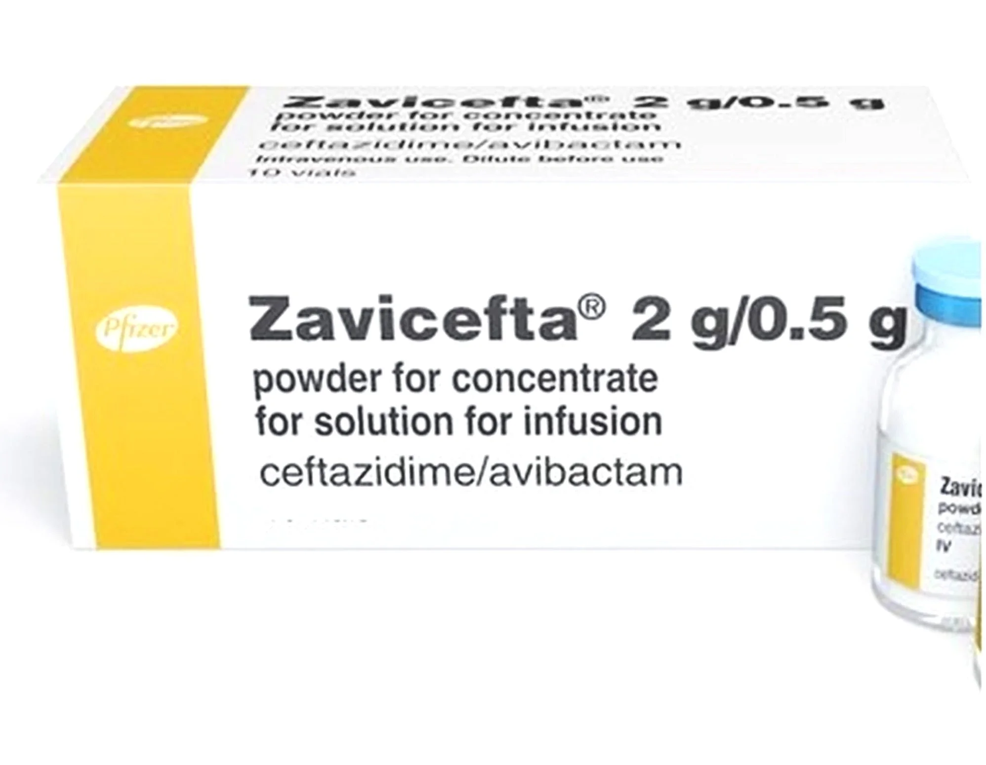 Box of Zavicfta 2 grams/0.5 grams powder for concentrate for solution for infusion, labeled with Pfizer logo, with a small vial image on the right.