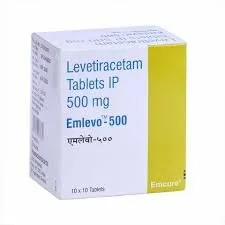 Box of Levetiracetam 500 mg tablets, also called Emleve-500, manufactured by Emcure.