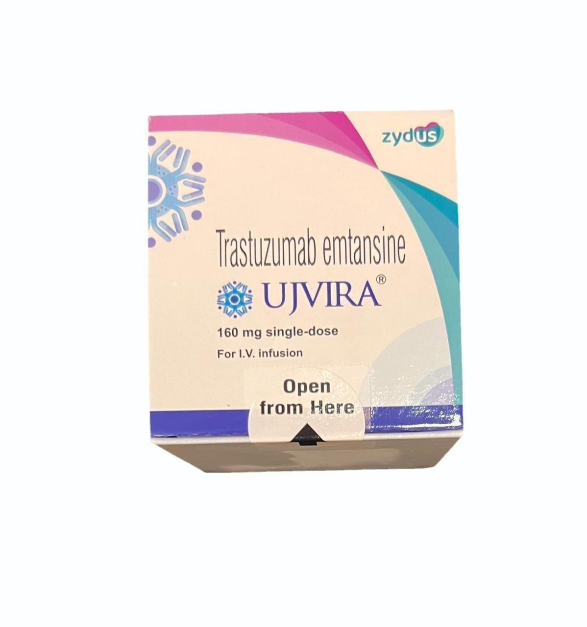 Box of UJIVRA, a medication containing Trastuzumab emtansine, with a label indicating 160 mg single-dose for I.V. infusion, and an arrow pointing to open from here.