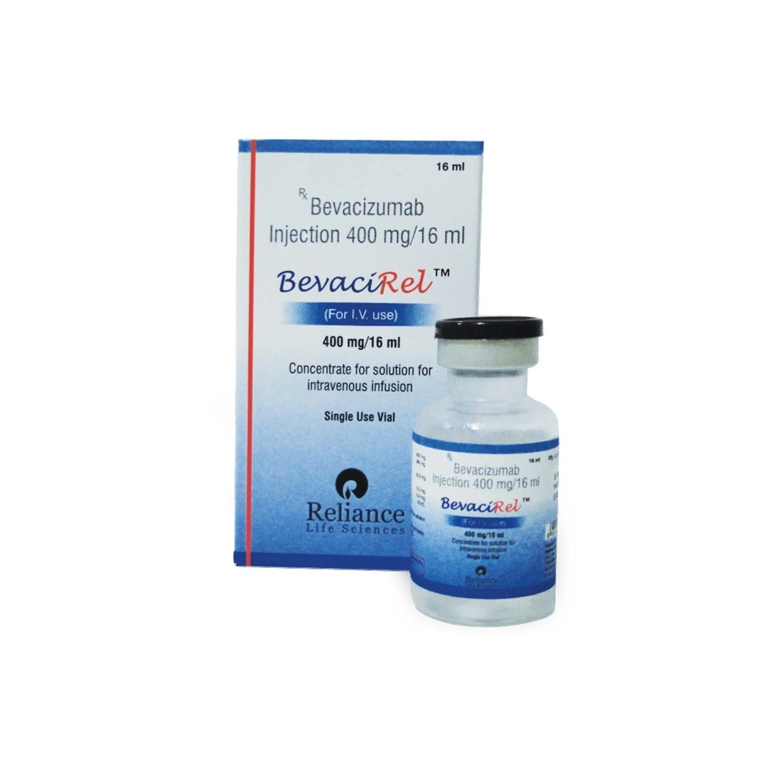 A box and vial of Bevacizumab injection 400 mg per 16 ml, branded as BevacilRel™, with labels indicating its use for intravenous infusion by Reliance Life Sciences.