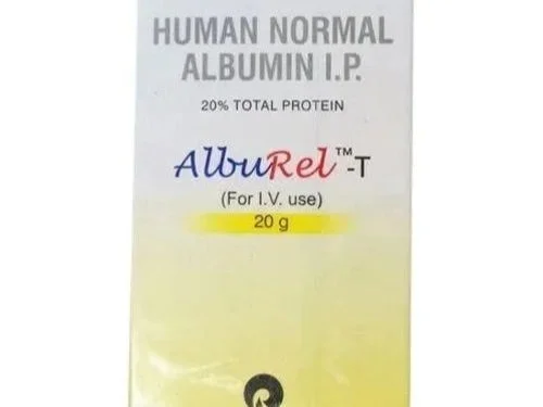 A box of human normal albumin I.P., labeled Alburex-T, containing 20 grams of protein for intravenous use.