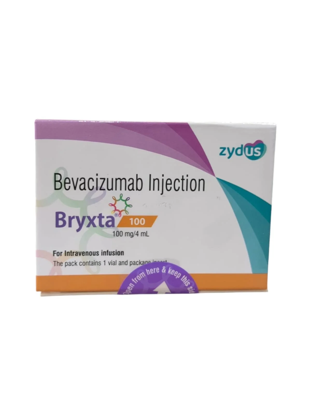 Box of Bryxta 100mg/4mL Bevacizumab Injection for intravenous use with purple, teal, and orange accent colors.
