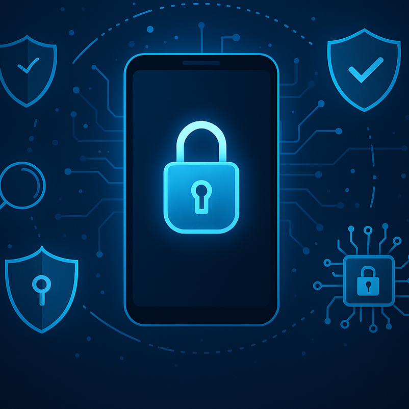 Smartphone mit Vorhängeschloss-Symbol auf dem Bildschirm, umgeben von Schutzschildern und digitalen Sicherheitsgraphen, symbolisiert Cybersicherheit und Datenschutz.