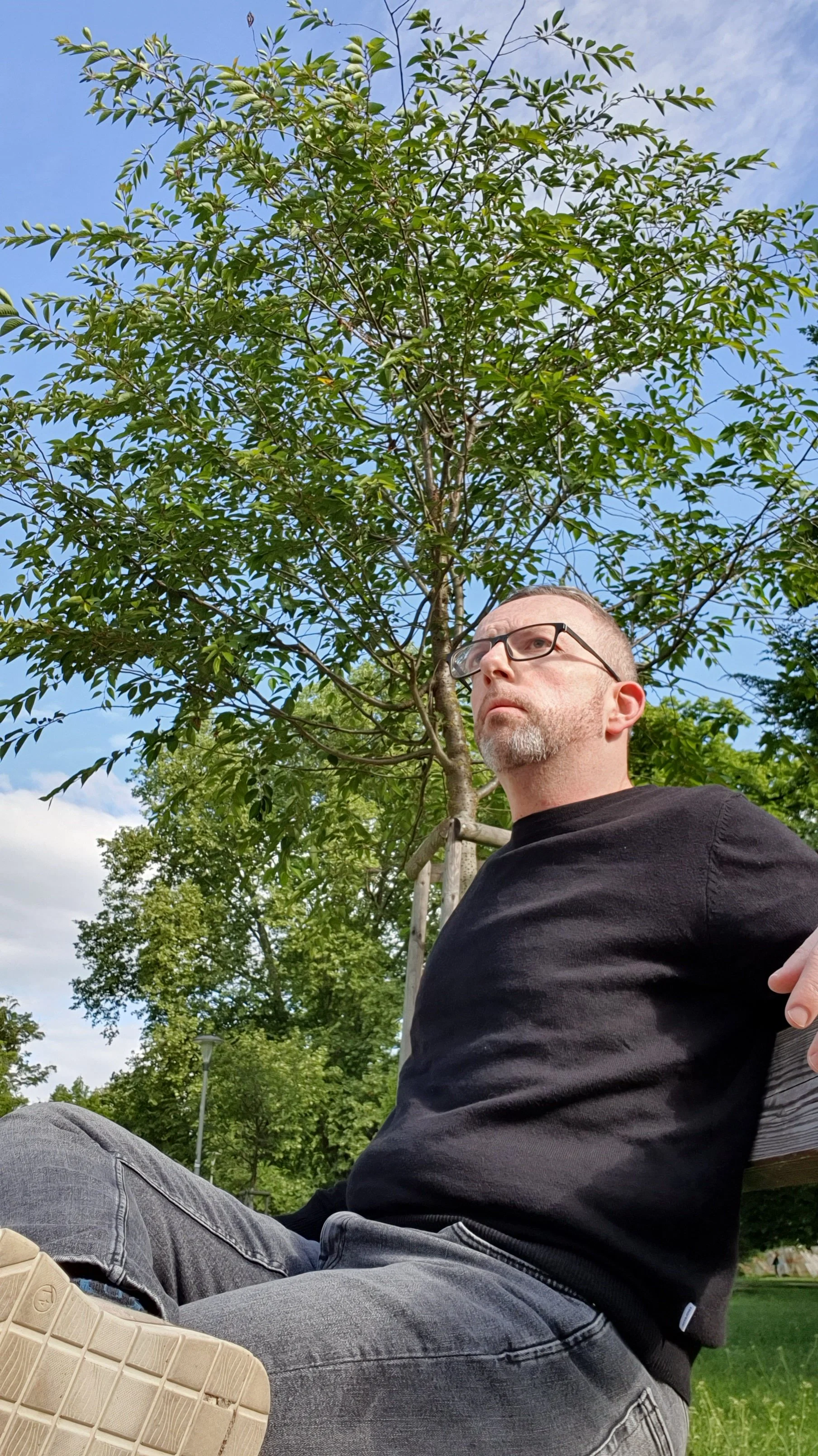 Ein Mann mit Brille sitzt auf einer Parkbank, im Hintergrund sind Bäume und ein blauer Himmel mit ein paar Wolken.