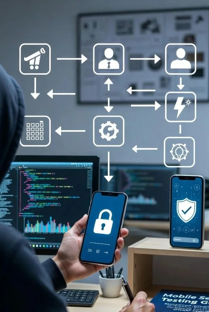 Person hält ein Smartphone mit Sicherheitssymbol auf dem Bildschirm, im Hintergrund mehrere Monitore und digitale Diagramme und Symbole, die auf Cybersicherheit und Systemmanagement hinweisen.