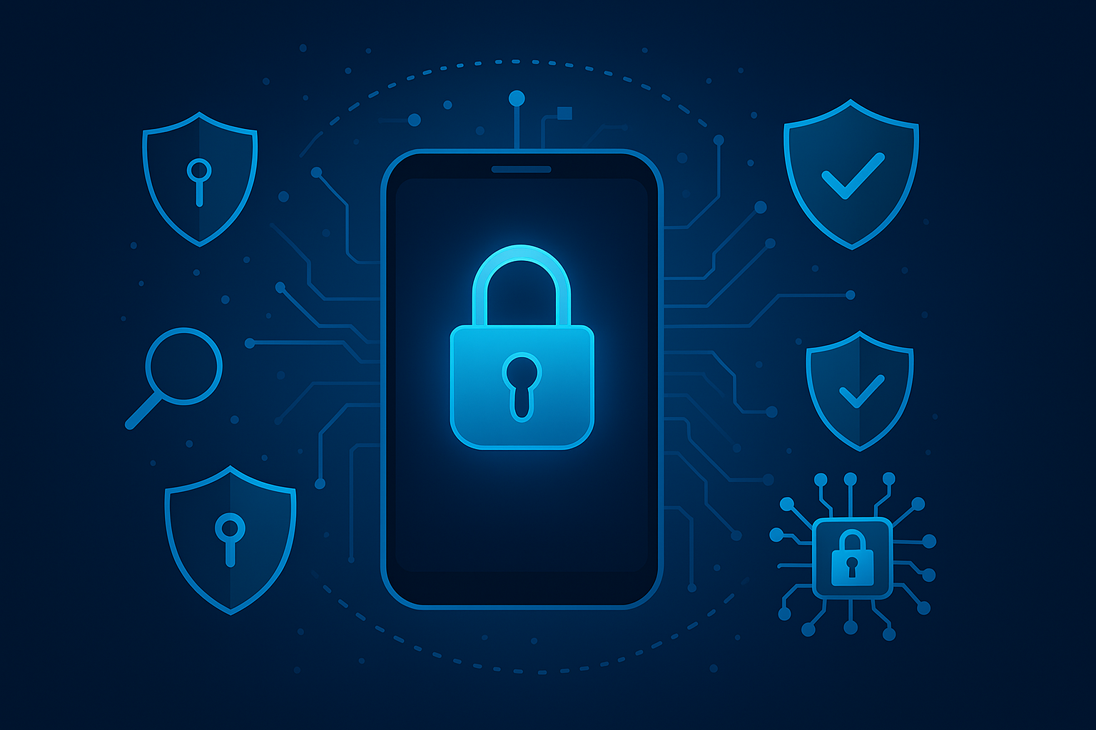 Digitales Bild eines Smartphones mit einem Schloss auf dem Bildschirm, umgeben von Sicherheits- und Datenschutzsymbolen wie Schildern mit Häkchen, einer Lupe und einem weiteren Schloss.