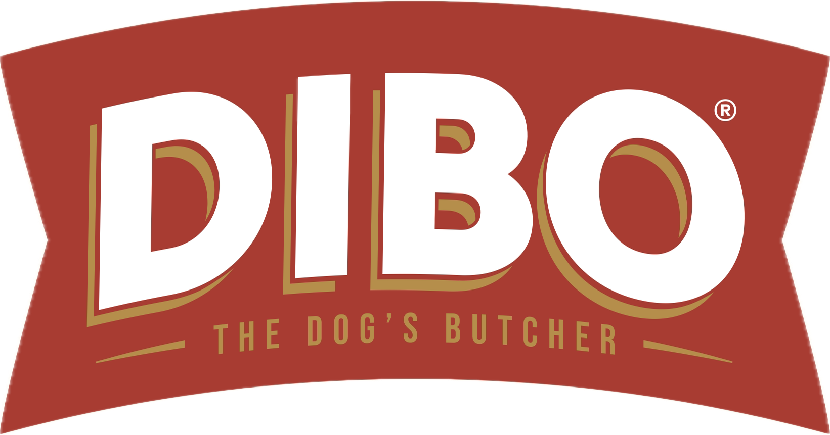 Logo for DIBO, a dog butcher, with the text 'DIBO' in large white and gold letters on a reddish-brown background, and 'THE DOG'S BUTCHER' in smaller gold letters underneath.