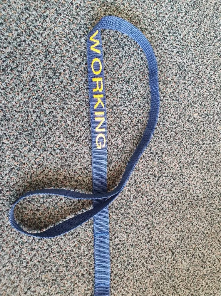 A blue woven strap with the words "WORKING" in yellow and blue letters, lying on a speckled carpet.