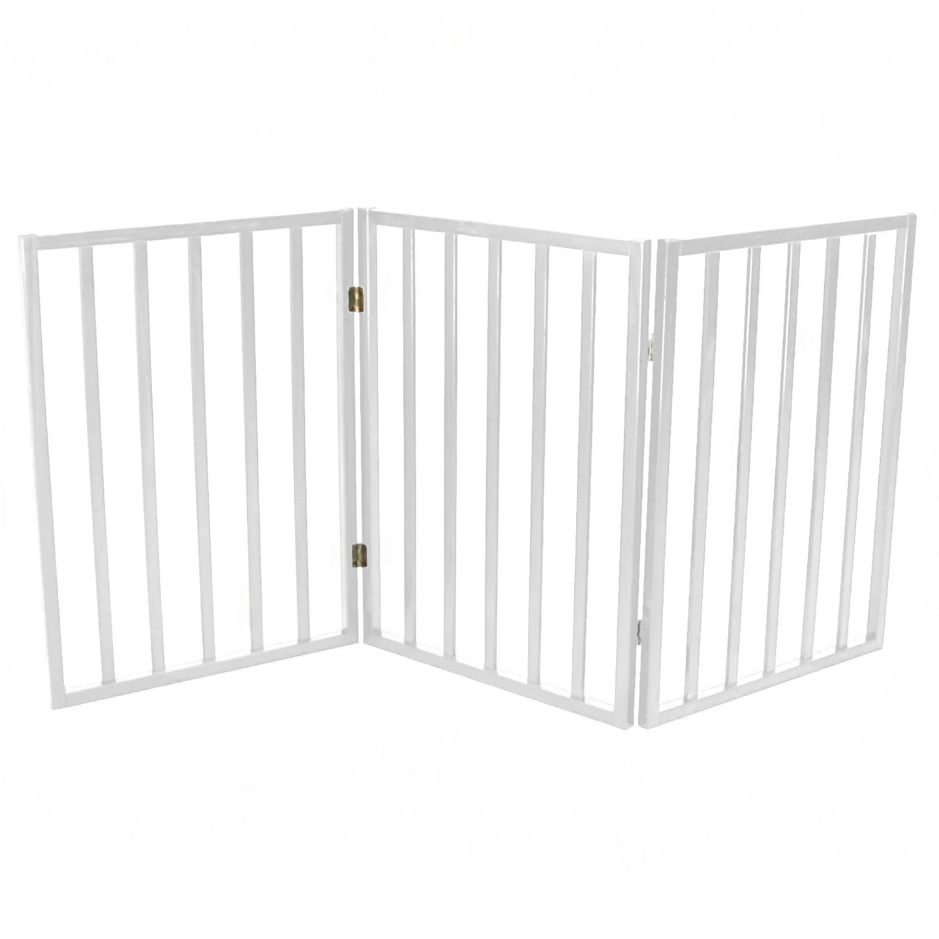 White metal pet or baby gate with two panels and hinges, set against a plain background.