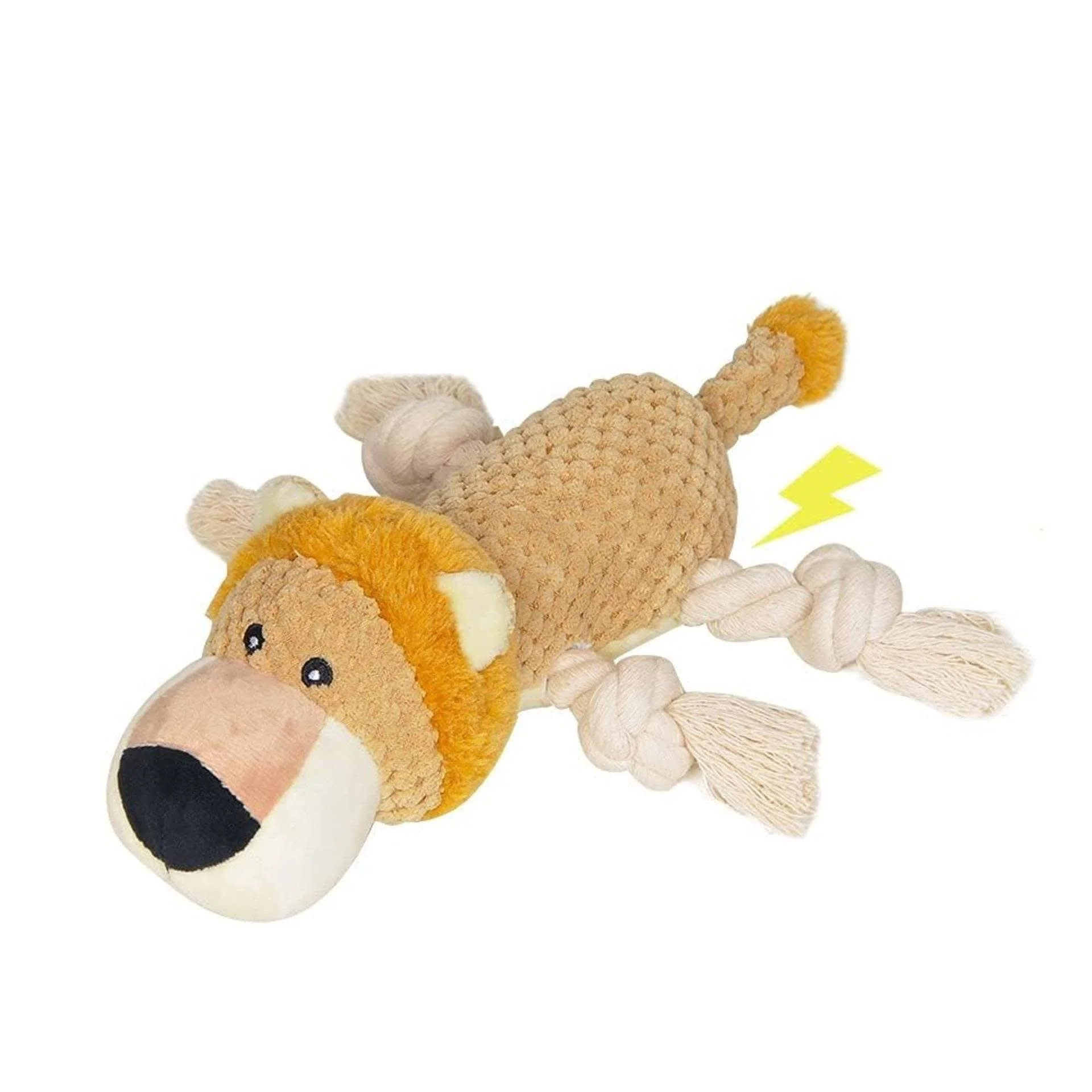 Soft plush dog toy with a ropelike body, head and tail, and a yellow mane, lying on a white background with a yellow lightning bolt icon nearby.