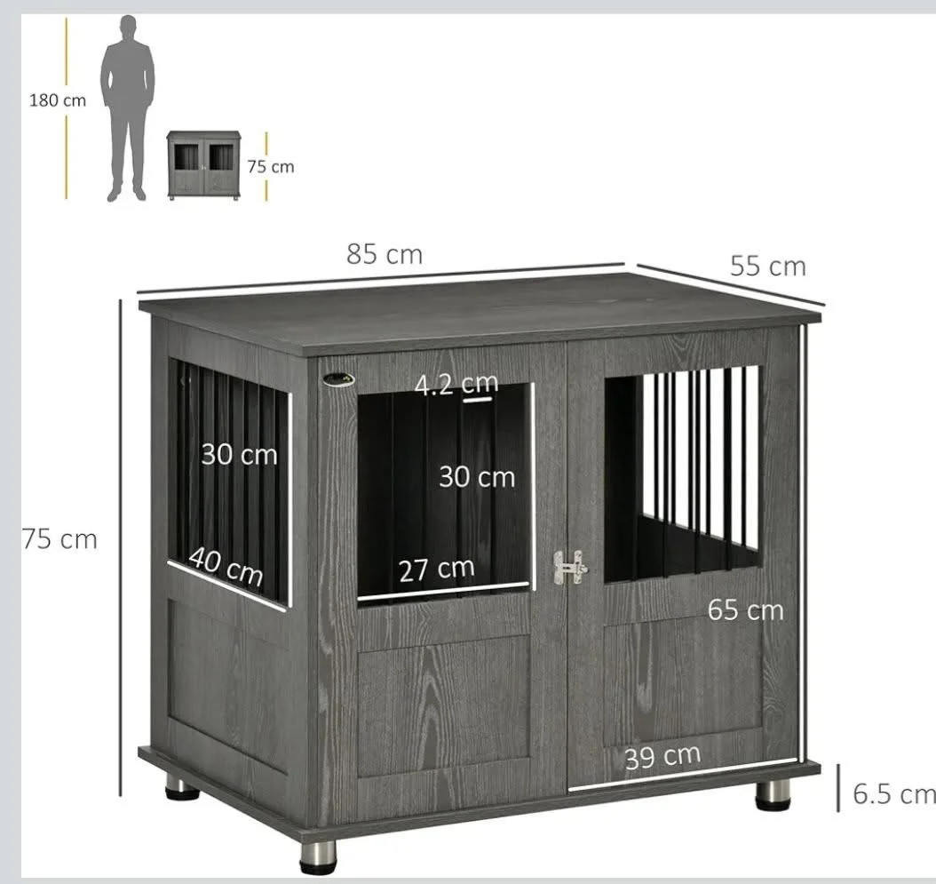 A detailed diagram of a wooden dog crate with measurements in centimeters and inches, including height, width, and interior dimensions, with a human figure for scale.