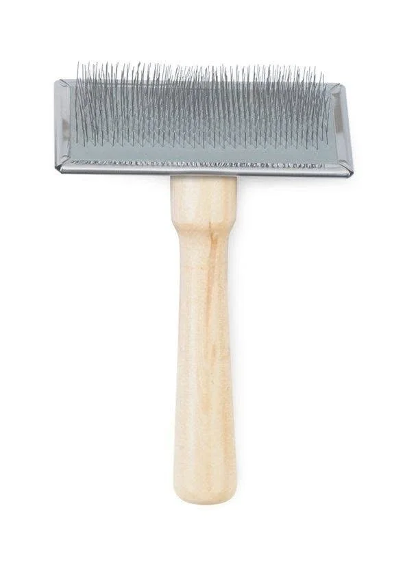 A pet grooming tool with a wooden handle and metal bristles.