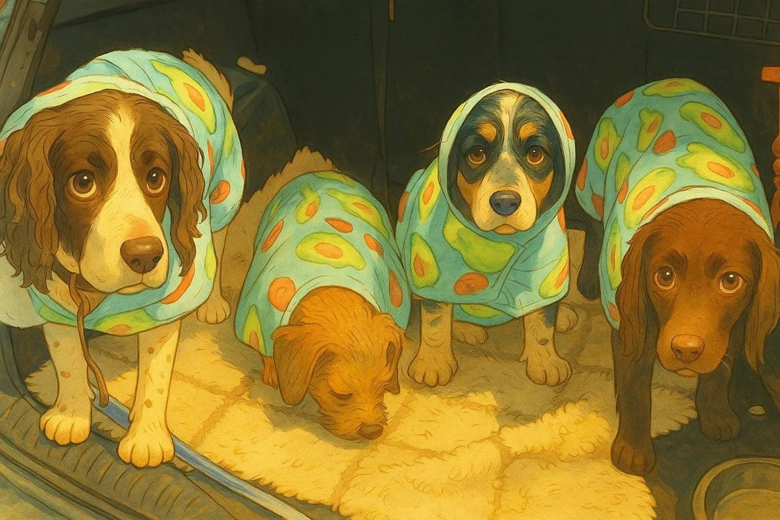 Four dogs wearing matching blue hoodies with orange, yellow, and green polka dots, standing on a furry rug. The dogs are of different breeds and sizes, with three having long ears and one with a distinctive black and tan face.