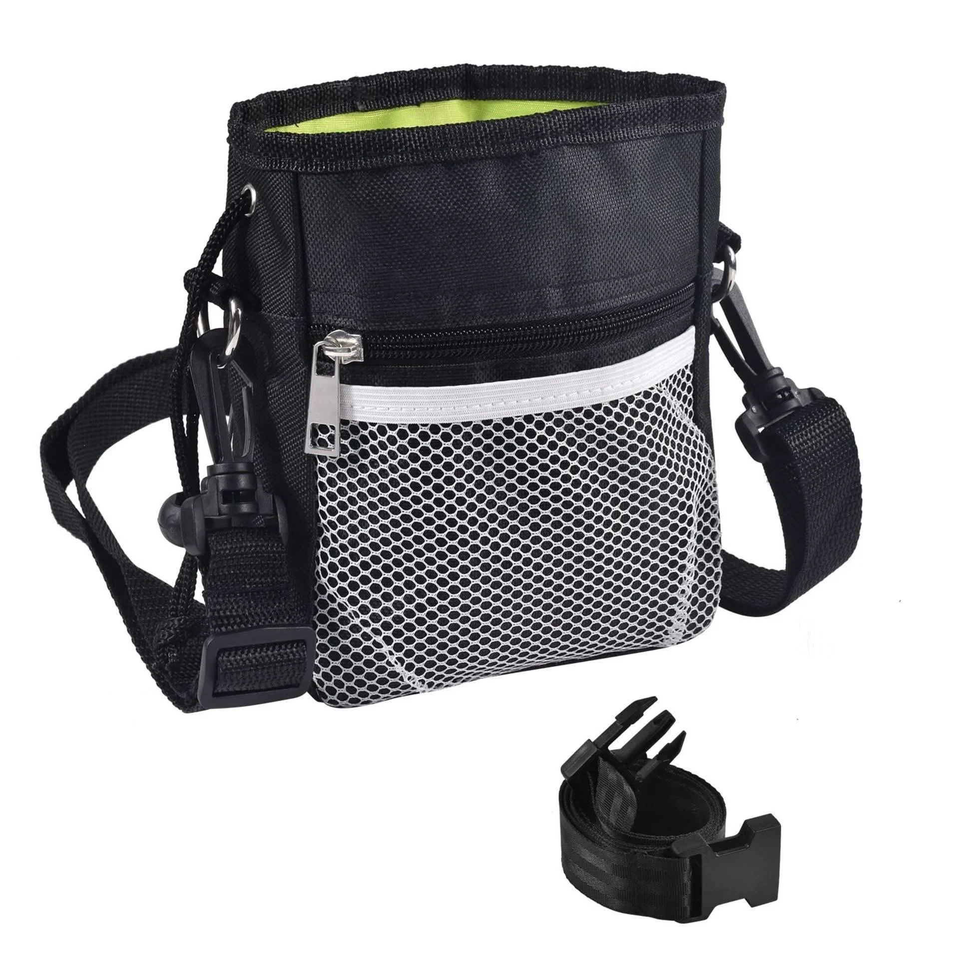 Black and white tactical shoulder bag with mesh pocket and side clips, alongside an adjustable strap.