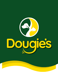 Logo of Dougie's with a green background, featuring a white and yellow circular emblem with a stylized dog and mustard bottle.
