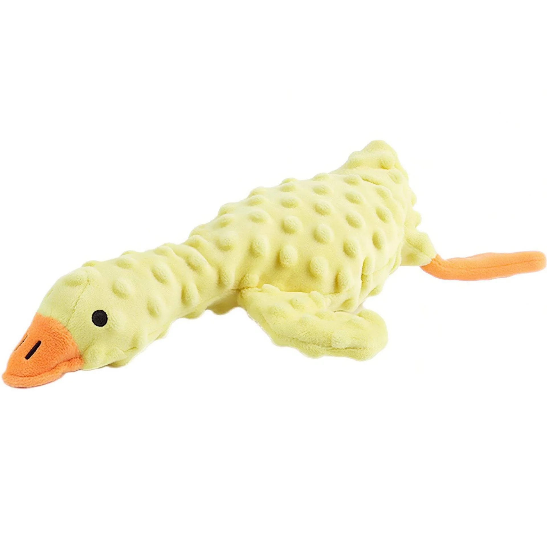Soft plush toy resembling a yellow crocodile with textured body, black eyes, orange snout, and tail.