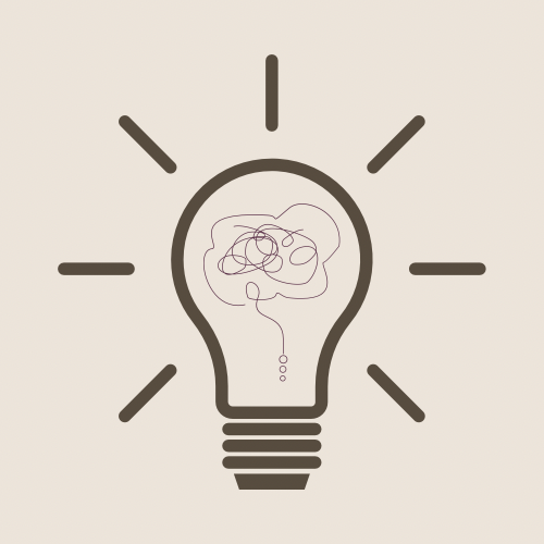 Outline of a light bulb with a tangled line inside representing a brain, surrounded by rays of light.