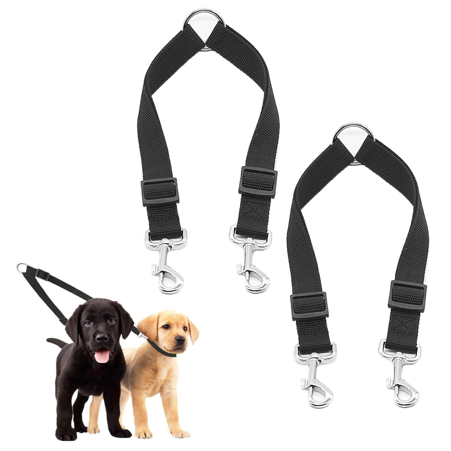 Two pet harnesses with metal clips, one black puppy and one yellow puppy.