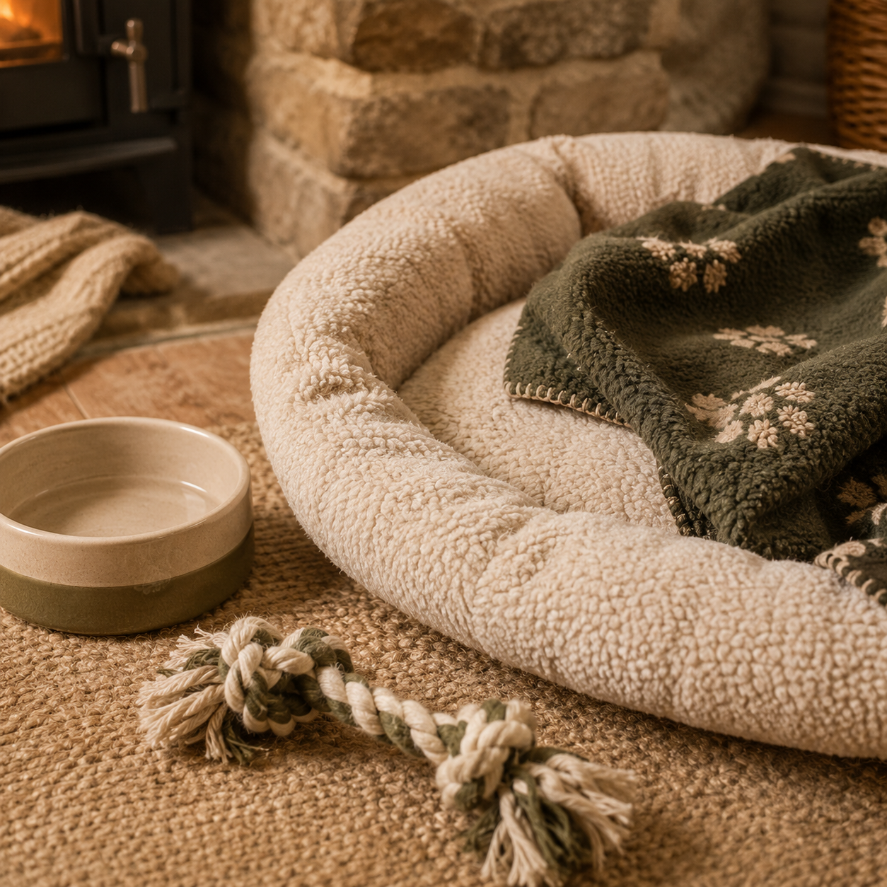 Cozy fireplace scene with a plush pet bed, a bowl, a blanket, a braided rope toy, and a knit blanket, set on a woven rug in front of a stone fireplace.
