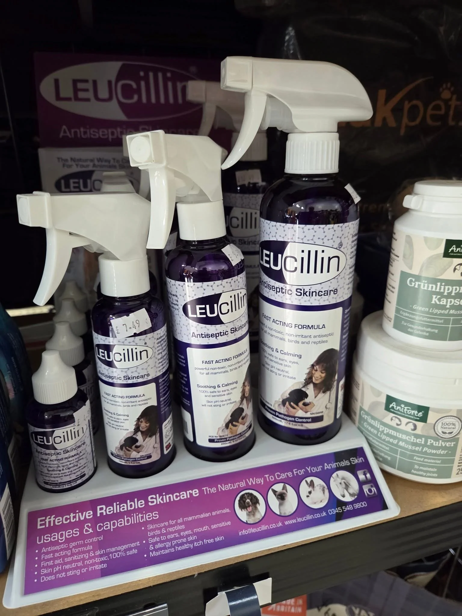 Pet antiseptic sprays and powder on store shelf, primarily Leucillin antiseptic skincare products for animals.