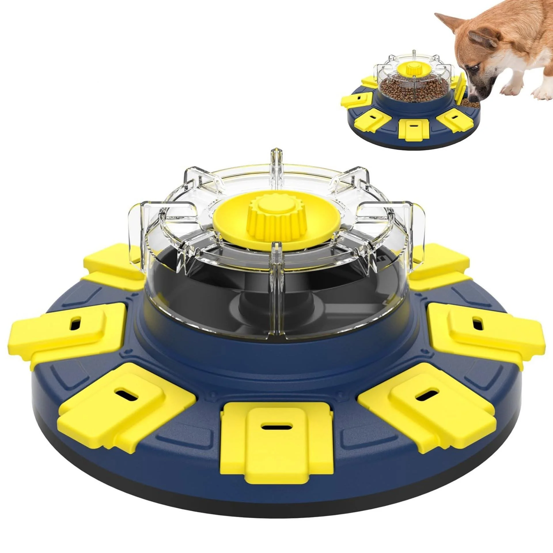 Dog eating from a mechanical automatic feeder with a clear lid, black and yellow base.
