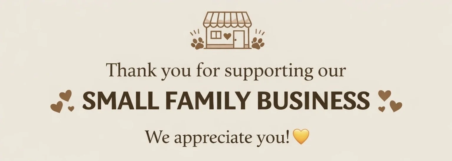 Thank you message for supporting small family business, with an icon of a small shop and paw prints, and a yellow heart.