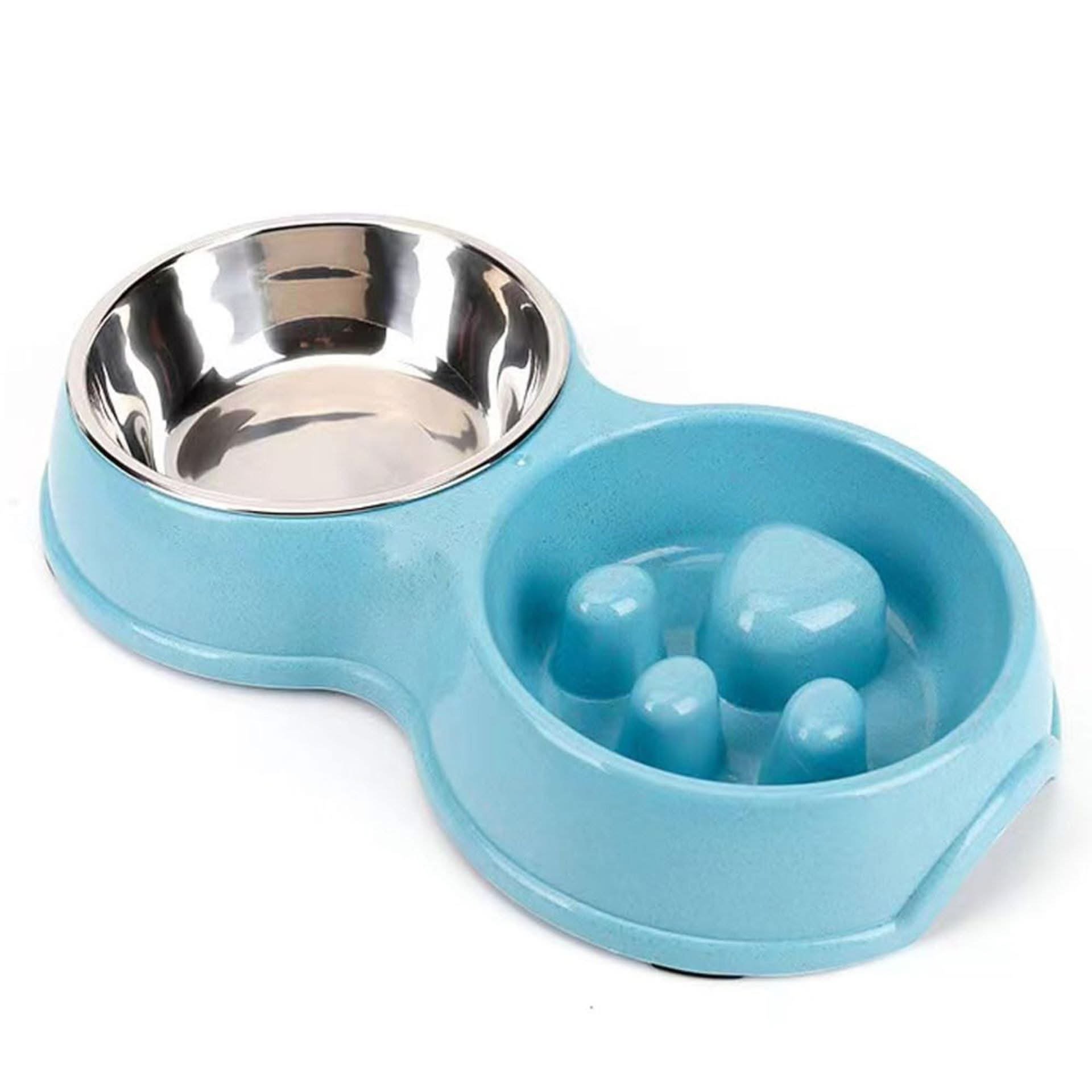 A blue and silver pet feeding bowl with a divided section for food and water, shaped for a small pet like a cat or dog.