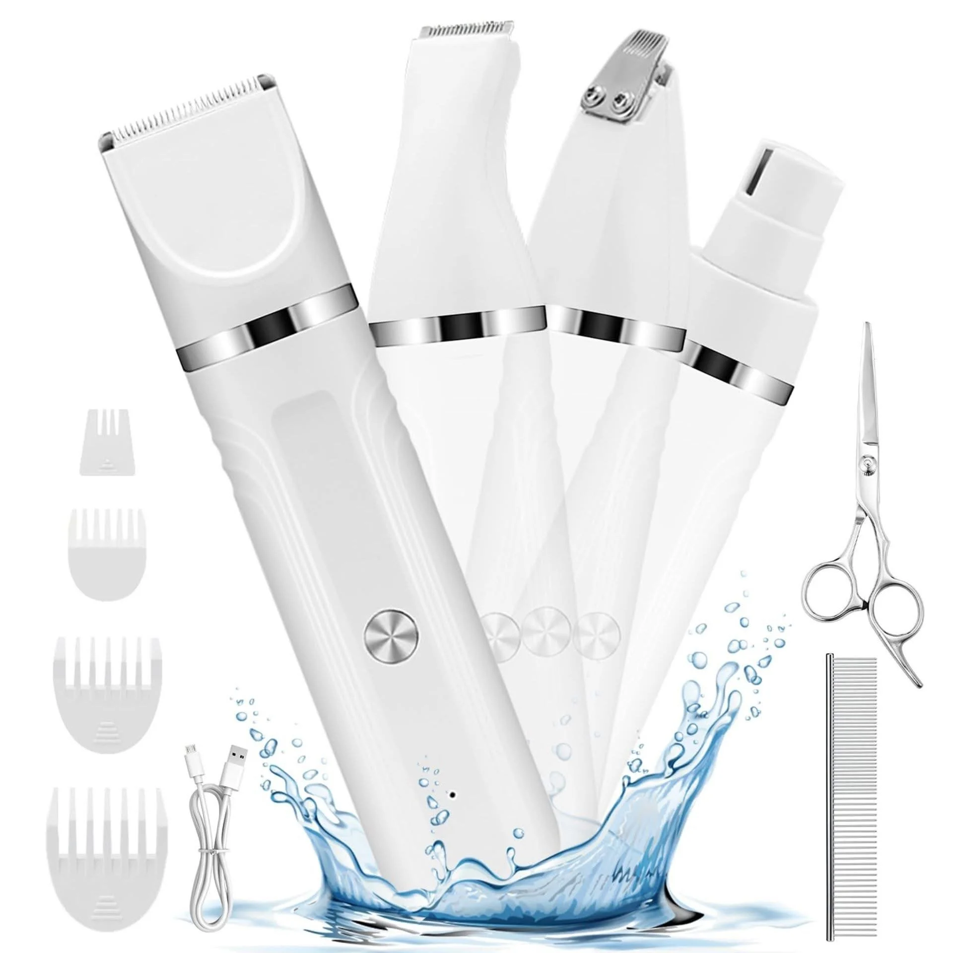 Set of hair clippers and grooming tools submerged in water with splash effect, including multiple attachments, scissors, a comb, a small brush, and a charging cable, all in white and silver tones.