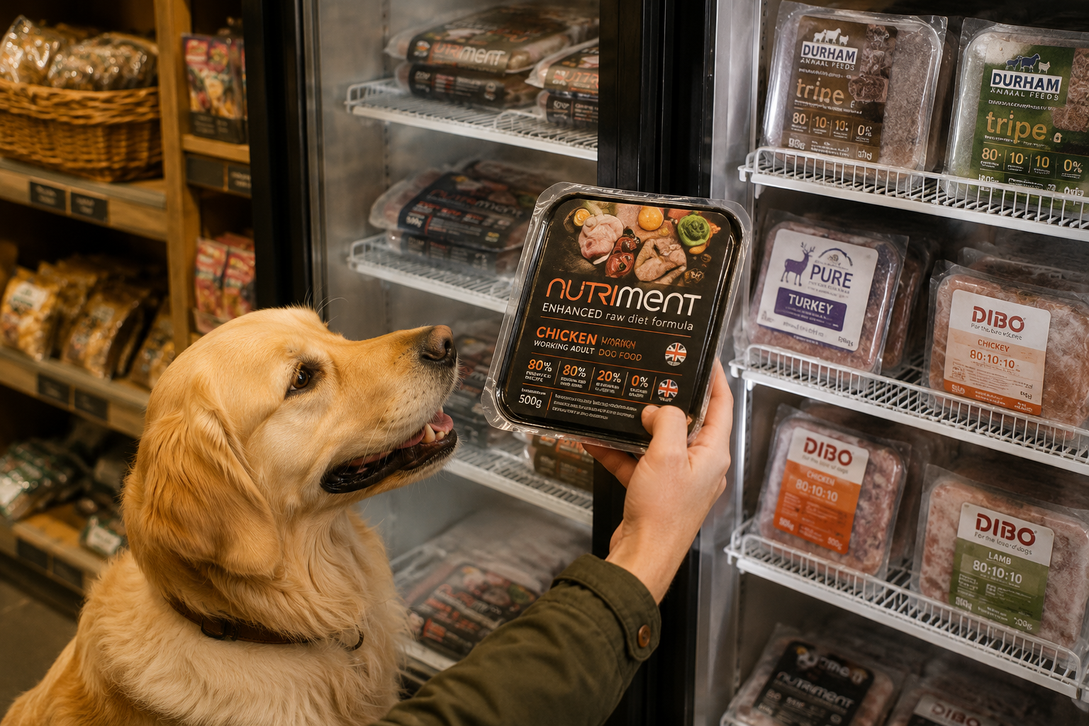 A golden retriever dog looking eagerly at a person holding a package of raw dog food labeled "Nutriment" in a pet store aisle with refrigerated shelves filled with various types of raw dog food.