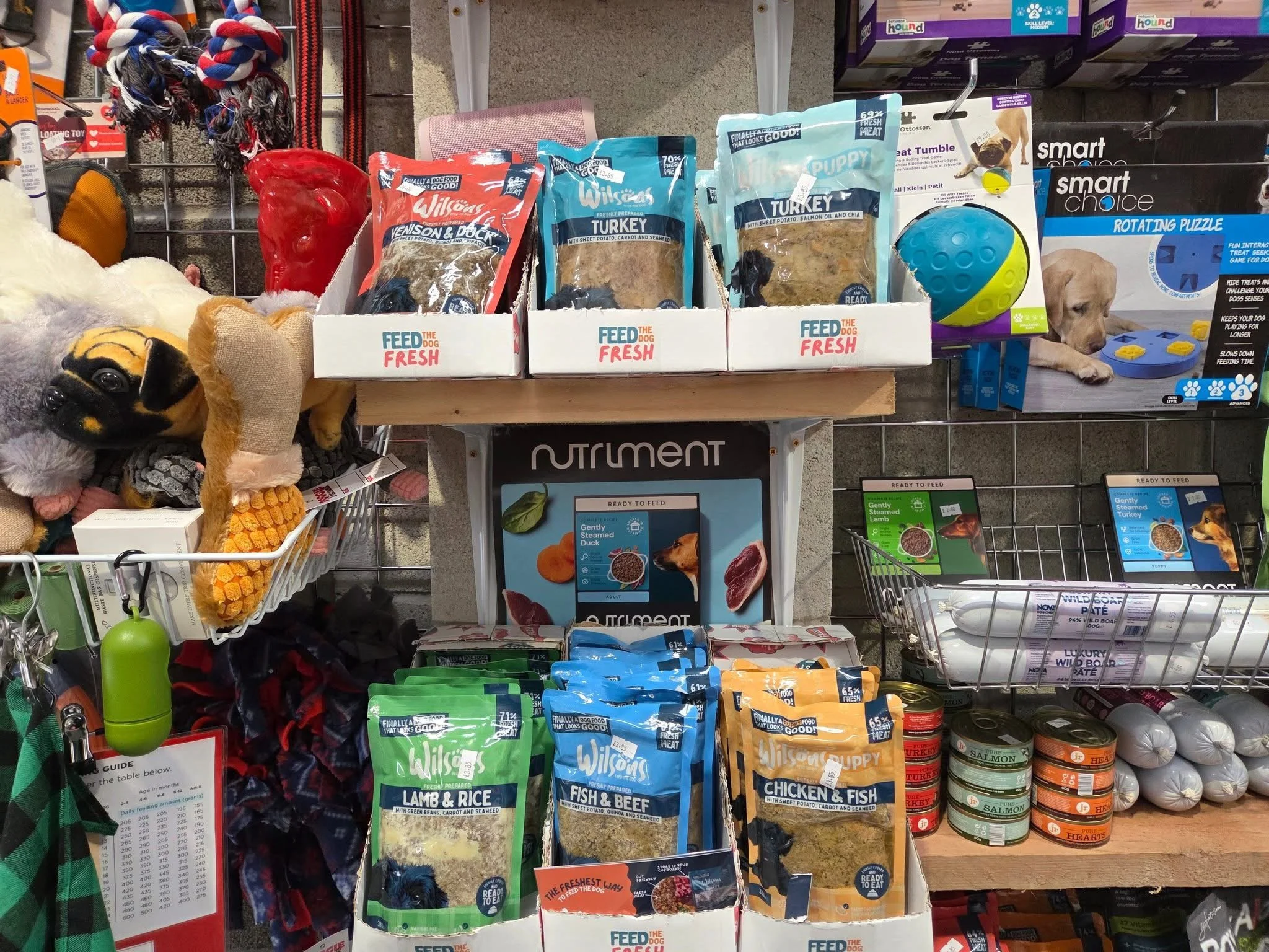 Dog treats and toys displayed on store shelves, including various bags of dog food, plush toys, and a dog ball.
