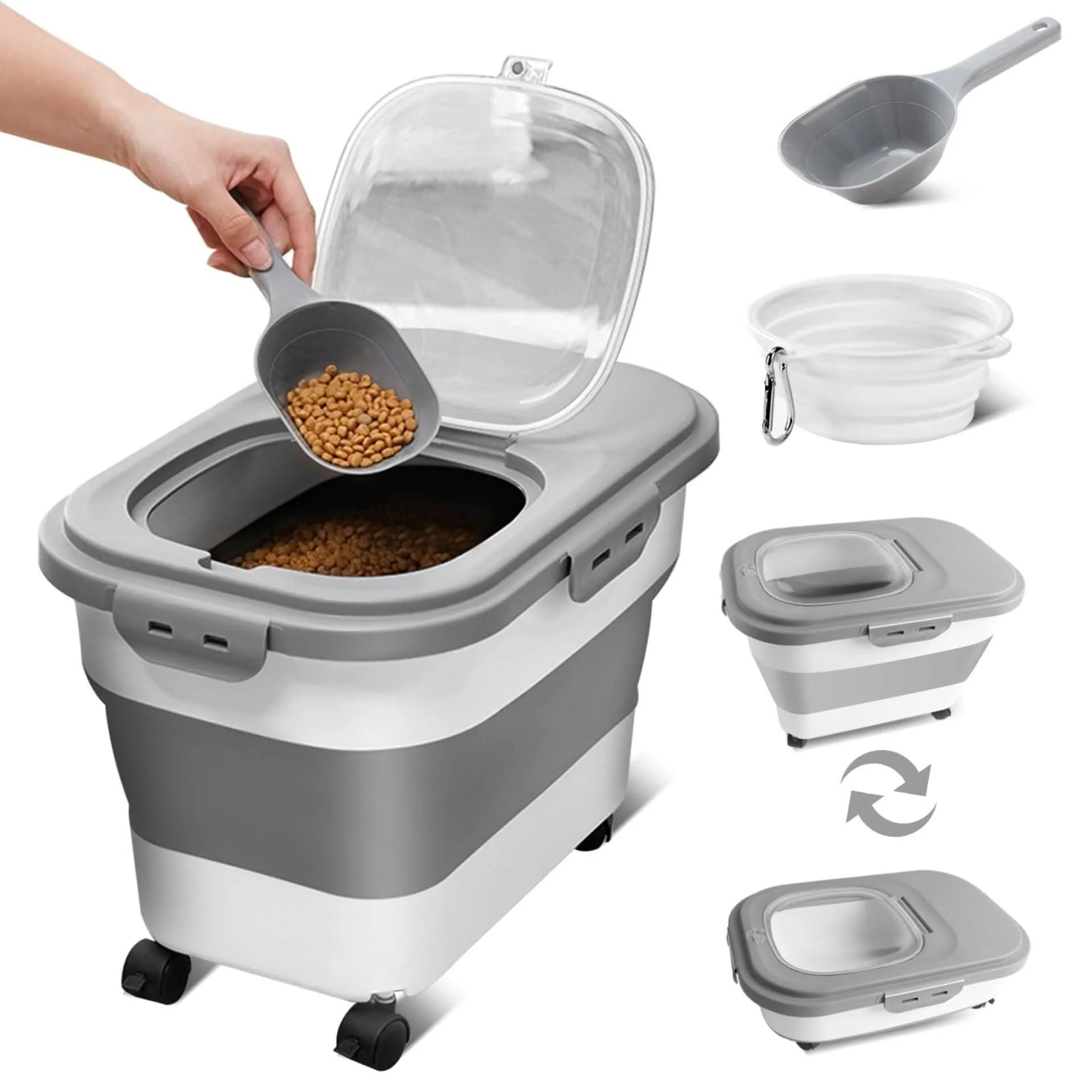 A portable food steamer with a removable lid and compartments, used for steaming food such as beans, with additional accessories like a scoop, bowls, and measuring cups.