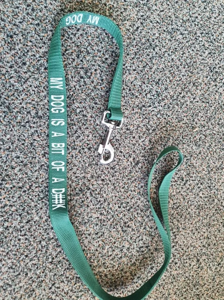 A green lanyard with a metal clip lying on a carpeted floor.