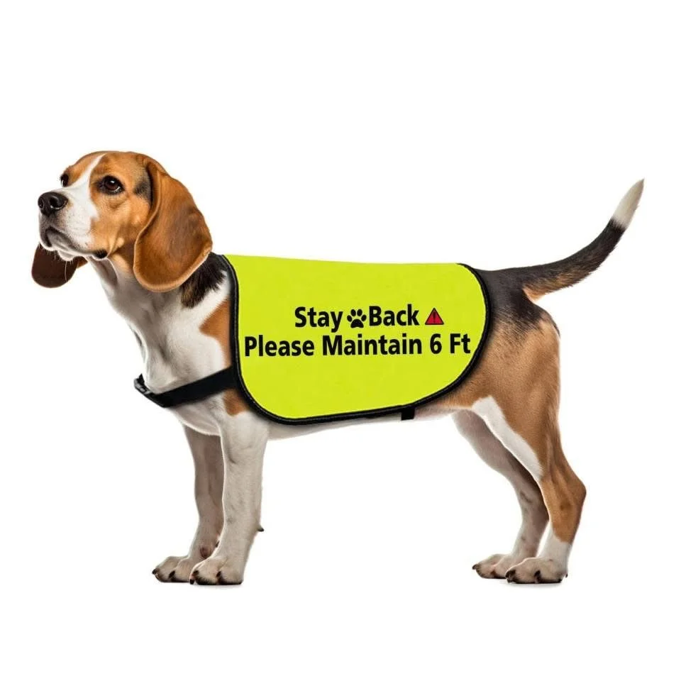 A beagle dog wearing a yellow vest with a sign that says, 'Stay Back Please Maintain 6 Ft'