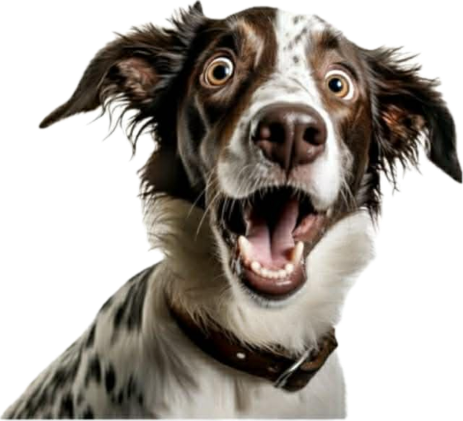 A happy dog with a brown and white coat, floppy ears, and a collar, looking excited with its mouth open and tongue slightly out.