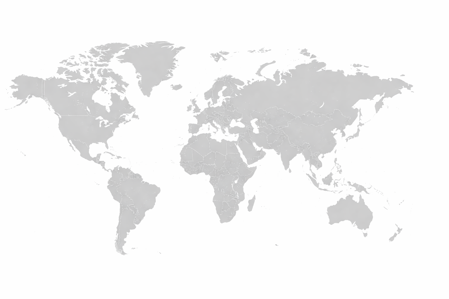 Carte du monde en gris clair sur fond blanc.
