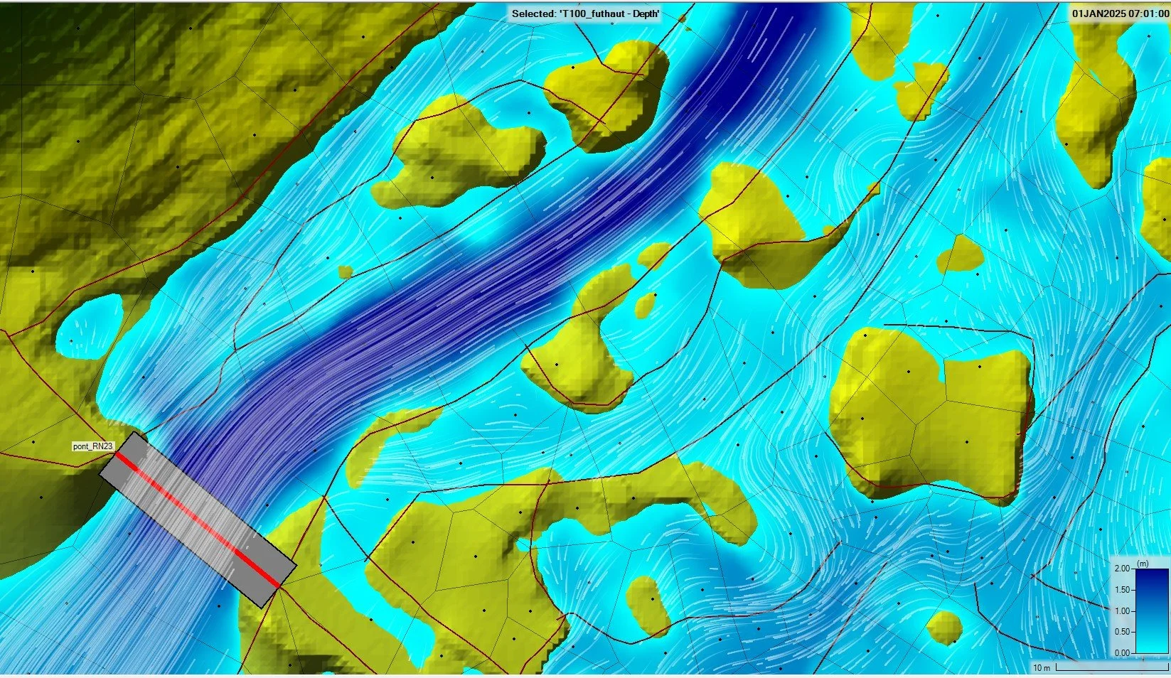 Carte bathymétrique montrant des courants marins, des îles, et un pont de bateau nommé pont_RN23, avec des flux de vent ou d'eau représentés par des lignes de vent, des zones de profondeur colorées en bleu et vert.