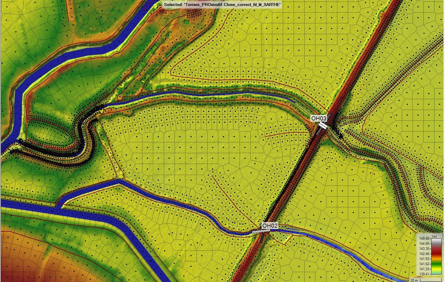 Carte topographique détaillée illustrant une zone rurale avec des cours d'eau, des routes et des subdivisions. L'image montre un relief varié avec des couleurs indiquant différentes altitudes, des lignes de contour et des points de mesure.