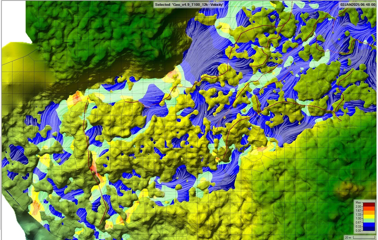 Carte topographique représentant des courants de vent et d'eau, avec différentes couleurs indiquant la vitesse, sur une zone géographique marquée par des reliefs et des plans d'eau, date et heure indiquées en haut à droite.