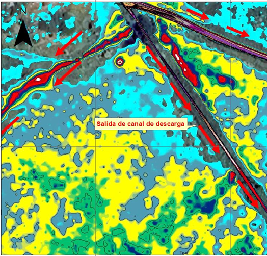 Carte topographique illustrant la sortie d'un canal de décharge, avec des lignes rouges indiquant les trajectoires et une légende en français."Sortie de canal de décharge".
