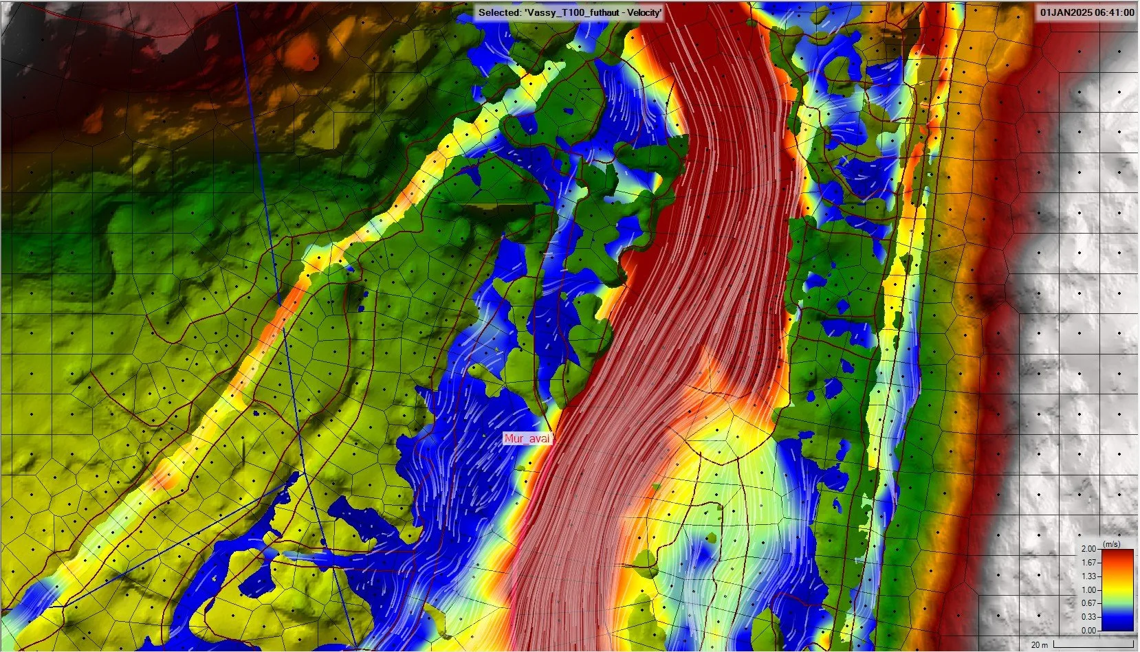 Carte topographique colorée avec dénivellation, courbes de vents et lignes de sécurite, illustrant différentes hauteurs et profils d'altitude.