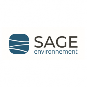 Logo de SAGE environnement avec un symbole abstrait bleu et le texte noir 'SAGE environnement'.