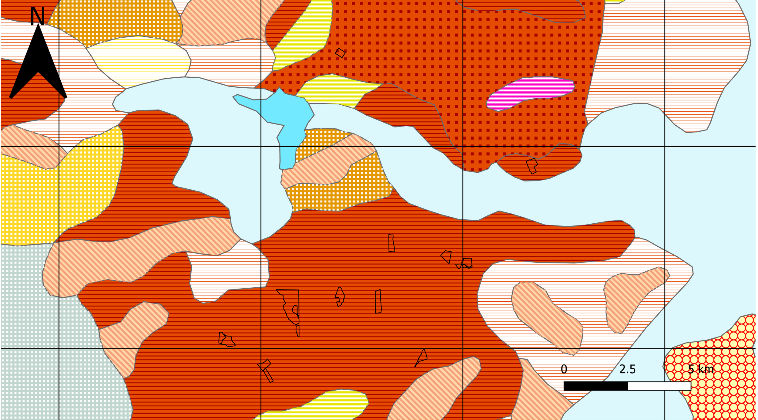 Carte géographique avec différentes zones colorées et patterns, échelle en kilomètres, un nord indiqué par une flèche, et des lignes de contour.