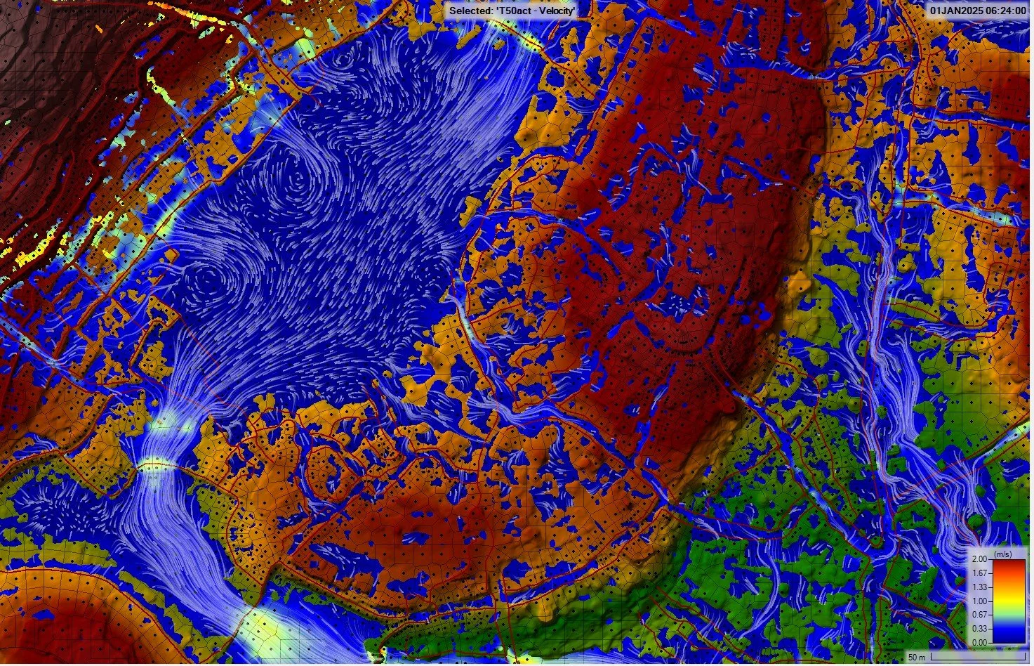 Carte topographique avec données de vitesse de vent, montrant des zones en couleurs variées, lignes de courant, incluant un lac, une région urbaine, et une rivière, avec une échelle de vitesse en m/sec.